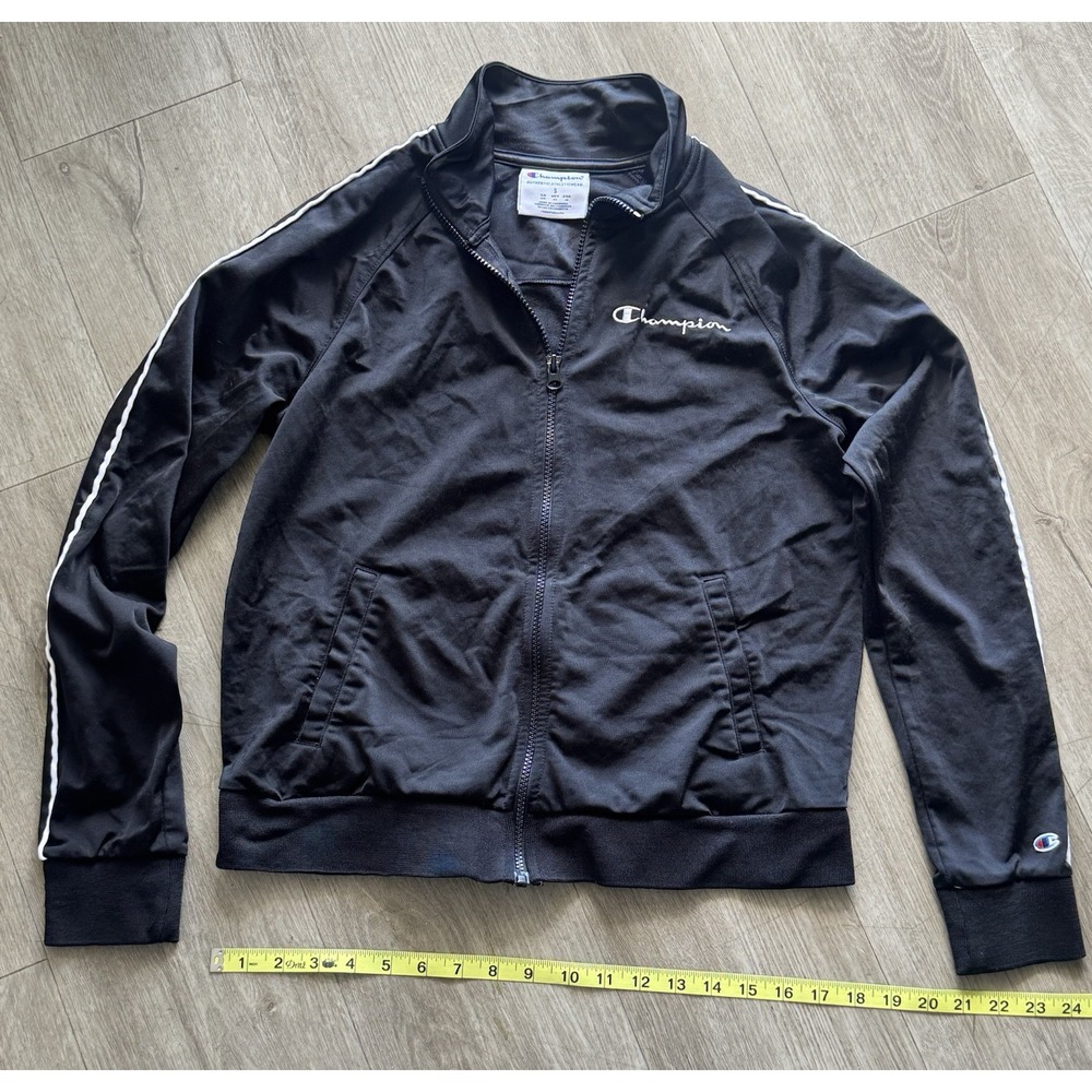 Champion Track Jacket Mens Small Black Full Zip Athletic Warm Up Stripe Logo